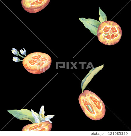 Qumquat seamless watercolor pattern. Botanical illustration. Fruit in section with leaves and flowers for your design. Citrus on black background for printing on gift paper, cards, fabric 121085339