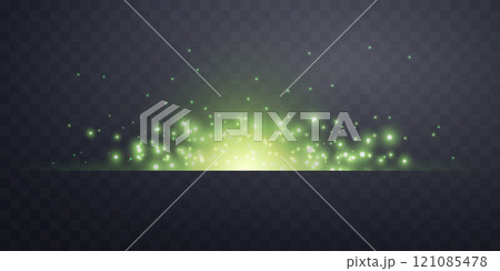 Green horizontal lensflare. Light flash with rays or green spotlight. Glow flare light effect. Vector illustration. Isolated on dark transparent background Green horizontal lensflare. Light flash with rays or green spotlight. Glow flare light effect. Vector illustration. Isolated on dark transparent background 121085478