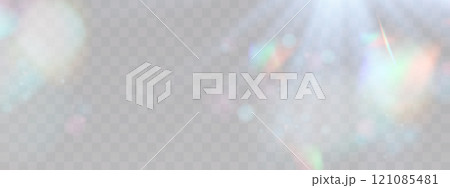 Blurred rainbow refraction overlay effect. Light lens prism effect on transparent background. Holographic reflection, crystal flare leak shadow overlay. Vector abstract illustration. 121085481