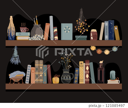 Old book shelves with vintage books, tincture bottle, jam and pot with dried flowers. Isolated design element for fairy and retro interiors. Old book shelves with vintage books, tincture bottle, jam and pot with dried flowers. Isolated design element for fairy and retro interiors. 121085497