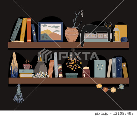Old book shelves with vintage jag, painting, candle, and books, and black cat lying in a book pile. Isolated design element for fairy and retro interiors 121085498