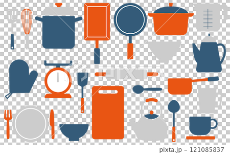 キッチンアイテムアイコンセットE02　紺　オレンジ　灰色 121085837