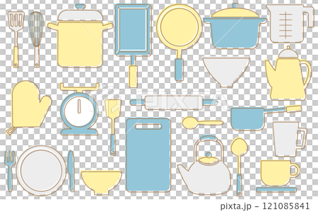 Kitchen item icon set E06 with border, light blue, yellow, gray 121085841