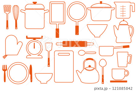 キッチンアイテムアイコンセットE07 線画 オレンジ キッチンアイテムアイコンセットE07 線画 オレンジ 121085842