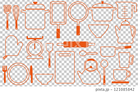 キッチンアイテムアイコンセットE07 線画 オレンジ キッチンアイテムアイコンセットE07 線画 オレンジ 121085842