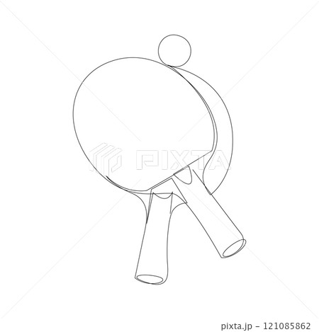 Two ping-pong rackets and a ball one line drawing. Table tennis sport game drawn with single continuous line. Vector illustration, editable stroke. Two ping-pong rackets and a ball one line drawing. Table tennis sport game drawn with single continuous line. Vector illustration, editable stroke. 121085862