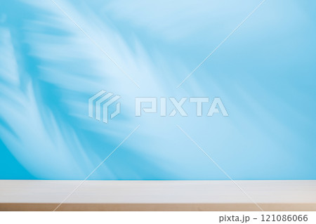Template with empty table and wall with natural plant shadow and sunny glare Template with empty table and wall with natural plant shadow and sunny glare 121086066