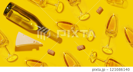 Seamless flat lay background with white wine glasses and bottles Seamless flat lay background with white wine glasses and bottles 121086140