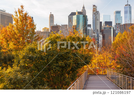 The New York Manhattan skyline during autumn The New York Manhattan skyline during autumn 121086197