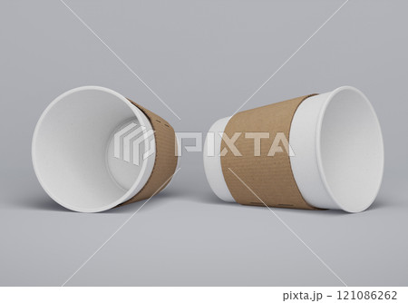 white paper cup lying on the floor with sleeve 3D render mock up 121086262