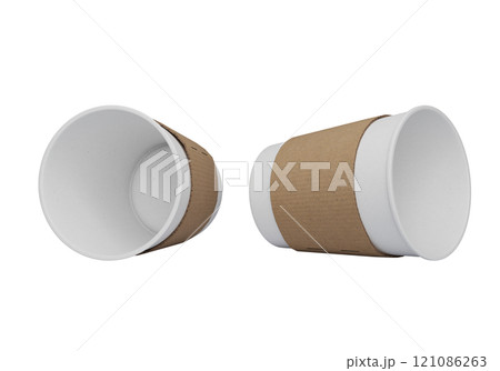 white paper cup lying on the floor with sleeve 3D render mock up 121086263