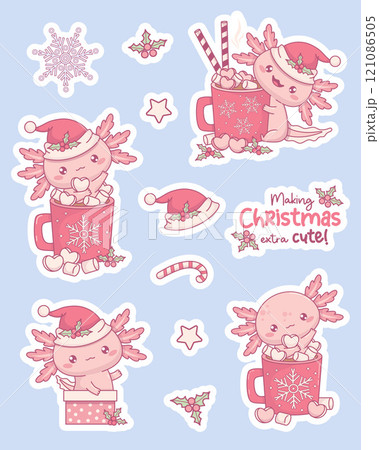 Cute Christmas Axolotl stickers. New Year funny little cartoon kawaii character in Santa hat with festive cup Hot Cocoa with Marshmallows and gift box. Isolated Vector illustration. Kids collection 121086505