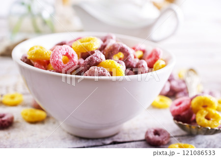 Concept of breakfast food, colorful corn flakes Concept of breakfast food, colorful corn flakes 121086533