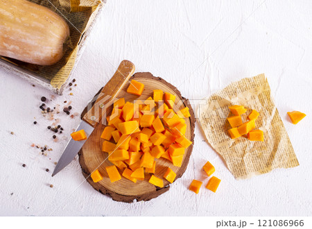 raw pumpkin cubes on board raw pumpkin cubes on board 121086966