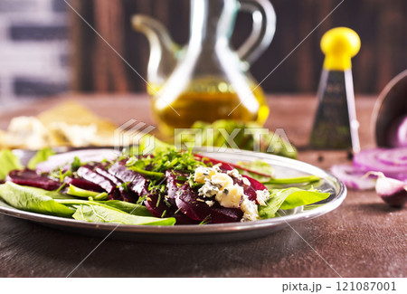Tasty salad of beetroot, cheese and nuts. Copy space. 121087001