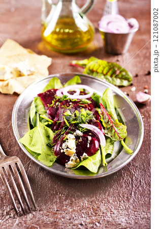Tasty salad of beetroot, cheese and nuts. Copy space. 121087002