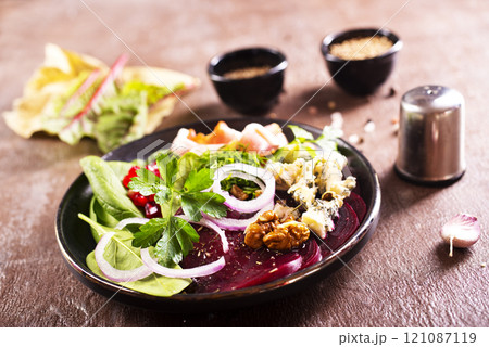 beetroot salad with cheese, walnuts, onion 121087119