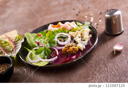 beetroot salad with cheese, walnuts, onion 121087120