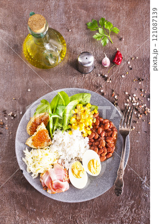 breakfast on plate on a table breakfast on plate on a table 121087139