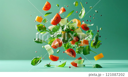 Dynamic floating salad ingredients captured in mid-air with a fresh vibe 121087202
