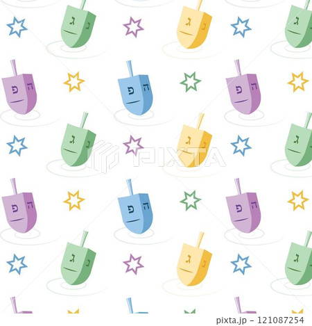 Seamless pattern of a traditional Hanukkah dreidels with stars of David on a white background 121087254