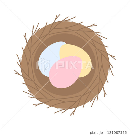 Colorful Easter eggs in birds nest made twigs trendy soft shades. Greeting flyer design element idea Colorful Easter eggs in birds nest made twigs trendy soft shades. Greeting flyer design element idea 121087356