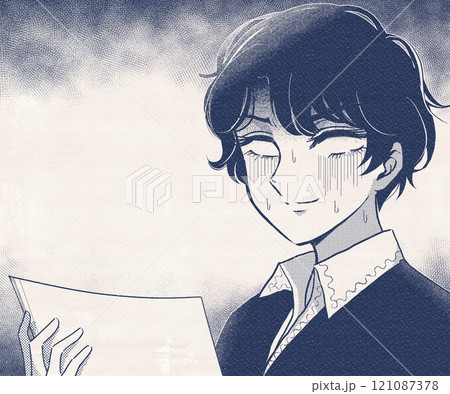 書類を見て唖然。少女漫画風のリアクションをする青年バナー 書類を見て唖然。少女漫画風のリアクションをする青年バナー 121087378