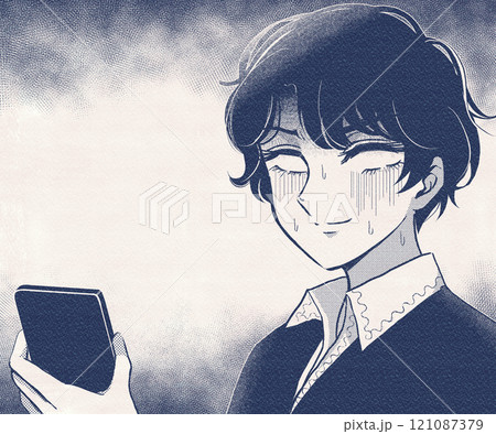 スマホを見て驚愕。レトロ漫画風のリアクションをする少年バナー 121087379