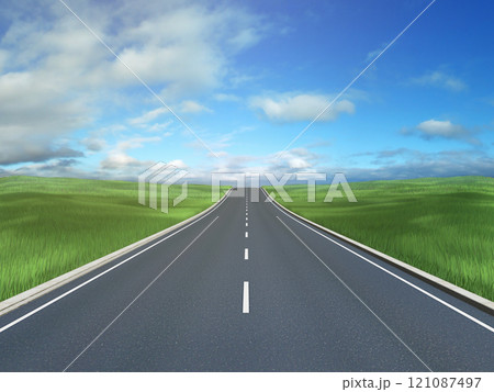 道　道路　未来　草原　一本道　空　イメージ 121087497