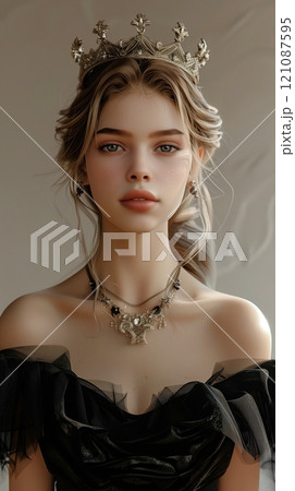 Young female wearing diamond crown and black gown princess 121087595