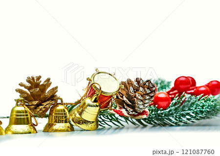 New Year. Branch of Christmas trees with cones,berries,bells on white 121087760