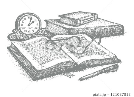Vector still life. Old books, paper, pen and clock Vector still life. Old books, paper, pen and clock 121087812