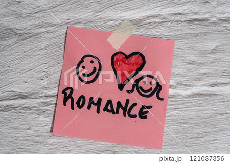 Sticky note or post-it with a Romance word, a heart and some emojis Sticky note or post-it with a Romance word, a heart and some emojis 121087856