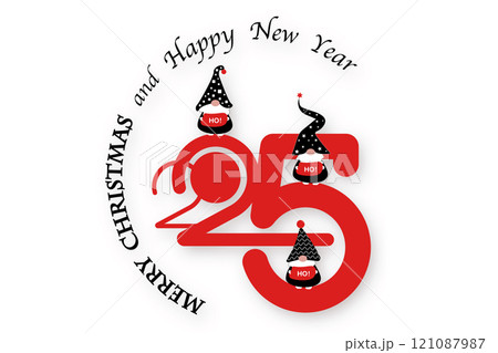 2025 New Year and Magic Christmas Gnomes logo design. Ho Ho Ho Santa Elf. Holiday card design for invitation, calendar, party, print, label, vector isolated on white background 121087987