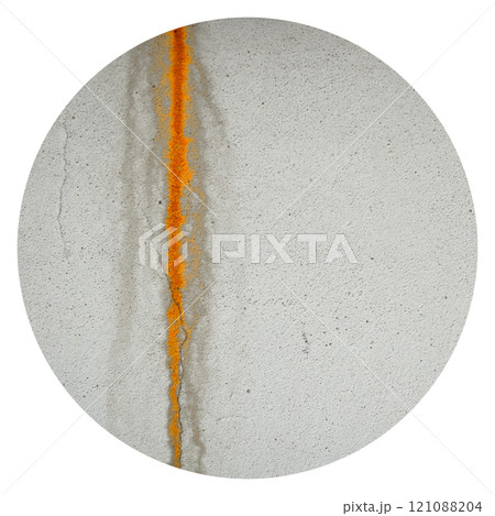 Rust stain on plaster on beige and white concrete wall 121088204