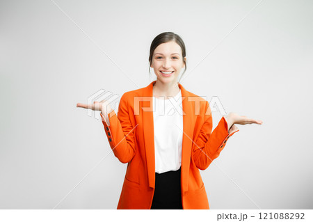 Young fun successful employee business woman corporate wear work in office area mock up isolated on plain white background 121088292