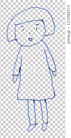 おかっぱ頭の女の子の線画イラスト手書き_万年筆ブルーブラック染料インク おかっぱ頭の女の子の線画イラスト手書き_万年筆ブルーブラック染料インク 121088315