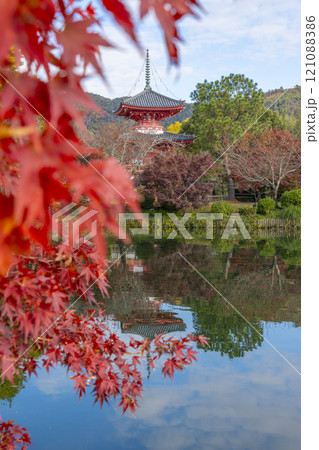 秋の京都 大覚寺 放生池に映る心経宝塔 秋の京都 大覚寺 放生池に映る心経宝塔 121088386