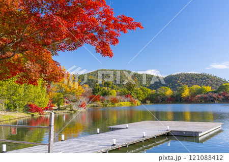秋の京都　大覚寺　紅葉に包まれた大沢池の池舞台 121088412