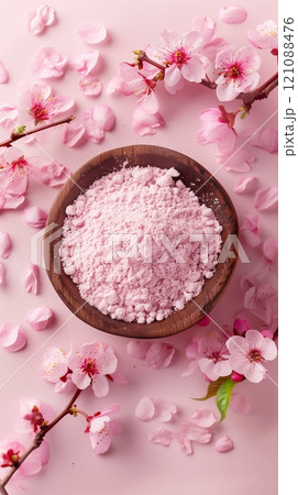Cherry blossom extract powder skincare natural ingredient on wooden bowl 121088476