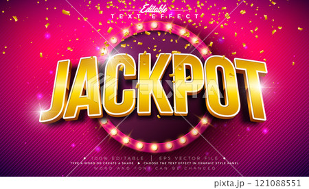 Jackpot 3D Text Effect Design Editable and Scalable Vector Graphic Style Effect with Light Bulb Billboard and Gold Typography Lettering, Falling Confetti on Shiny Yellow Background. Premium Luxury 121088551