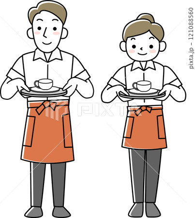 コーヒーを運ぶカフェの女性店員と男性店員 121088560