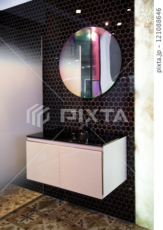 Modern luxury bathroom sink and brown cabinet design 121088646