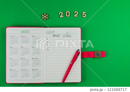 A pink banknote diary with a pink handle lies in the foreground, the banknote says: Goals for 2025 and points, the left sheet is occupied by the 2025 calendar, on top are wooden numbers 2025 and a A pink banknote diary with a pink handle lies in the foreground, the banknote says: Goals for 2025 and points, the left sheet is occupied by the 2025 calendar, on top are wooden numbers 2025 and a 121088717