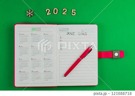 Pink banknote diary with a pink handle lies in the foreground, the banknote says: Goals for 2025 and points, the left sheet is occupied by the calendar 2025, on top are wooden numbers 2025 and a Pink banknote diary with a pink handle lies in the foreground, the banknote says: Goals for 2025 and points, the left sheet is occupied by the calendar 2025, on top are wooden numbers 2025 and a 121088718