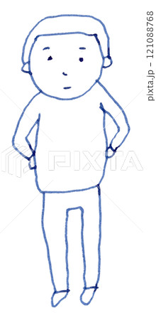 坊主頭の男性が腰に手を当てて立っている線画イラスト手書き_万年筆ブルーブラック染料インク 坊主頭の男性が腰に手を当てて立っている線画イラスト手書き_万年筆ブルーブラック染料インク 121088768