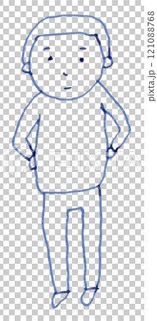 坊主頭の男性が腰に手を当てて立っている線画イラスト手書き_万年筆ブルーブラック染料インク 坊主頭の男性が腰に手を当てて立っている線画イラスト手書き_万年筆ブルーブラック染料インク 121088768