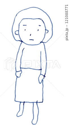 おかっぱ頭の女の子の線画イラスト手書き_万年筆ブルーブラック染料インク 121088771