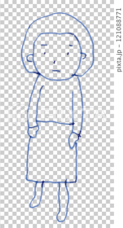 おかっぱ頭の女の子の線画イラスト手書き_万年筆ブルーブラック染料インク 121088771