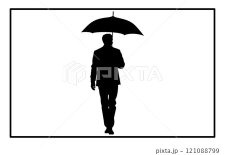 Man with umbrella silhouette art. man walking under the rain storm wind with umbrellas silhouette, 121088799
